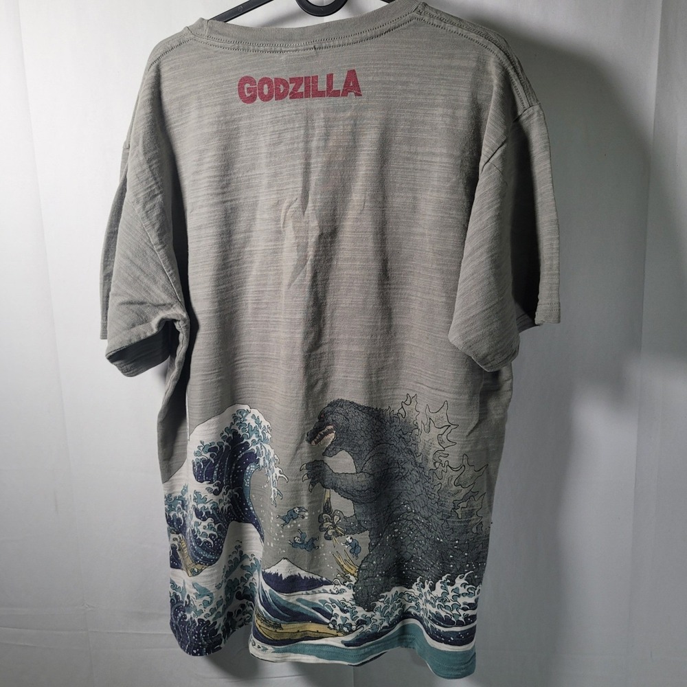 Godzilla Great Wave Off Kanagawa Slub Knit Graphic T-Shirt Grey XXL Toho
